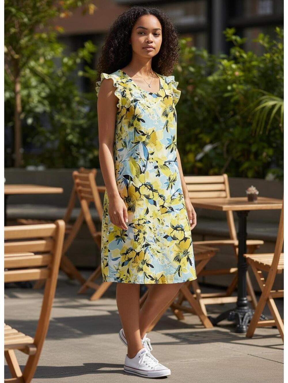 CYNTHIA ROWLEY Sleeveless Floral Sheath Dress with Ruffle Shoulder Detail